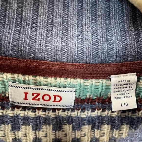 IZOD Mens Large Sweater Fair Isle Pullover 1/4 button up Knitted Blue BluishGray - Picture 4 of 9